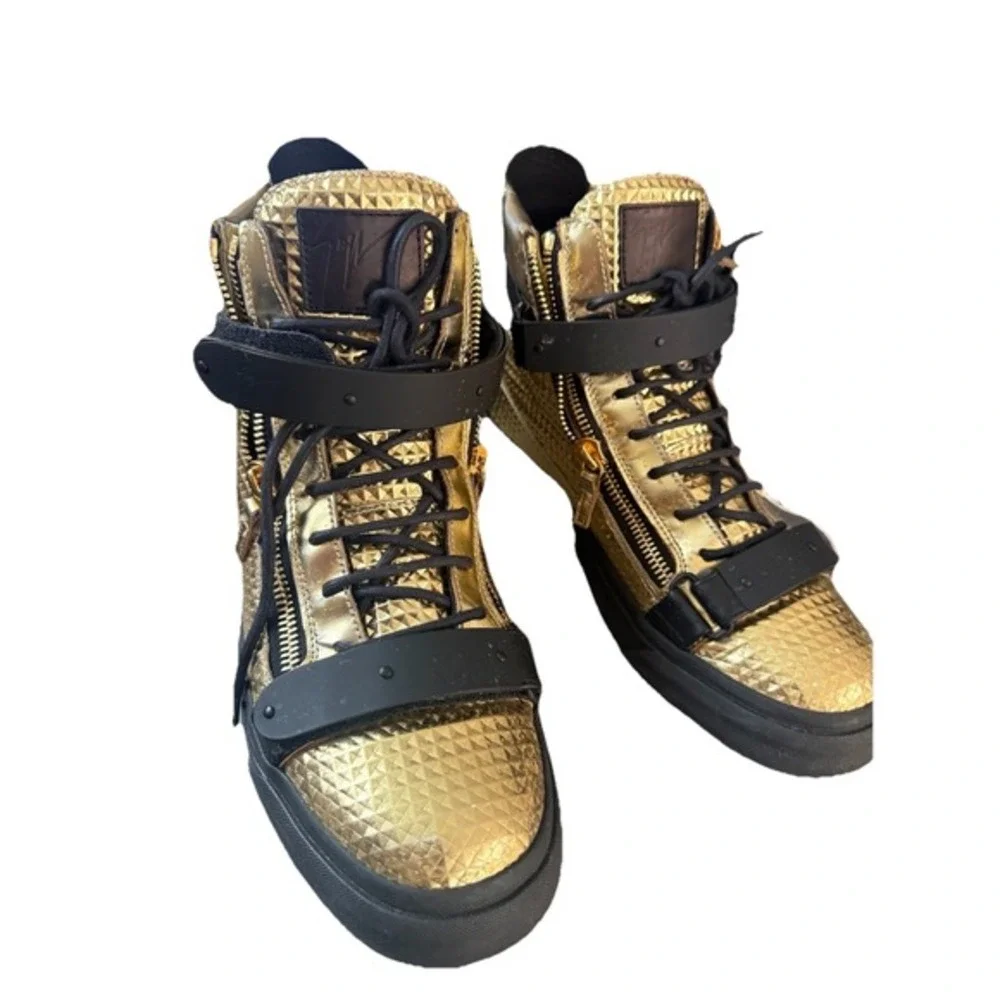 Giuseppe Zanotti Mens Gold Studded High Top Shoes Double Zip Buckle Sz 44